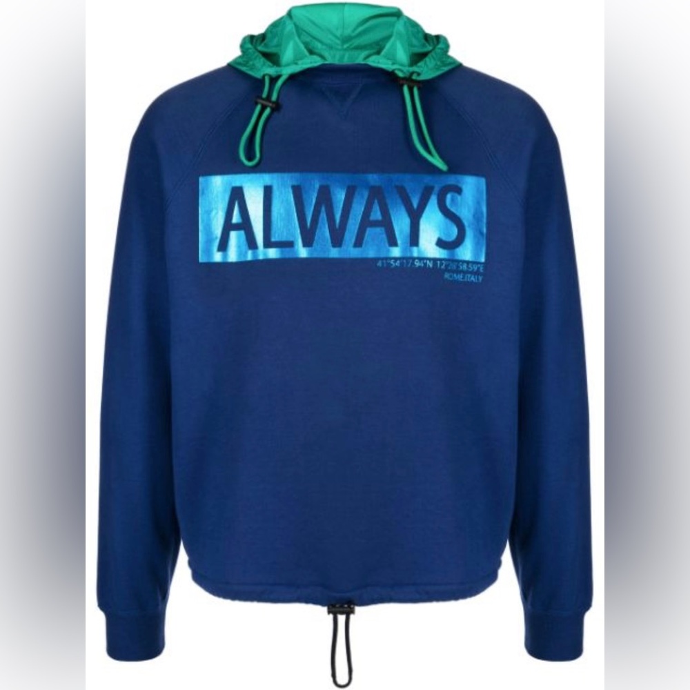 Valentino Blue Hoodie with “ALWAYS” Graphic & Green Hood, Size S, Pre-Loved